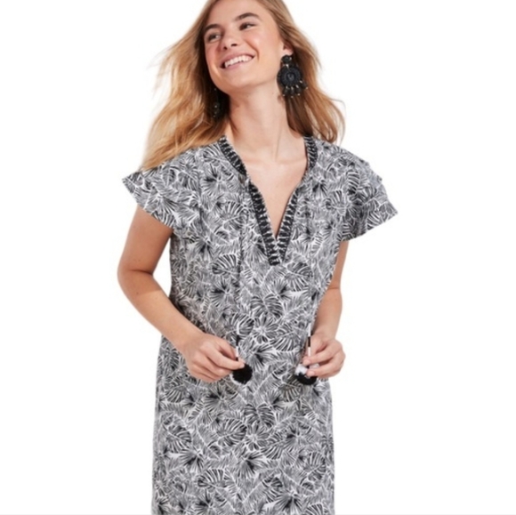 NWT Vineyard Vines Linear Palms Tunic Dress 100% Linen Black White Tassel Tie LG - Picture 3 of 16